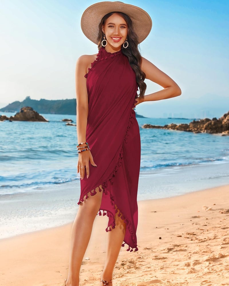 Eicolorte Store Beach Sarong Pareo Womens Semi-Sheer Swimwear Cover Ups Short Skirt with Tassels - Image 3